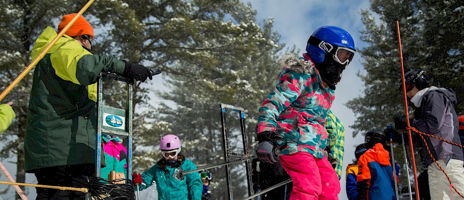 At the starting gate on Race Day!
Although camp focuses on recreational skiing, campers are give the opportunity to run the slalom course on King Pine.